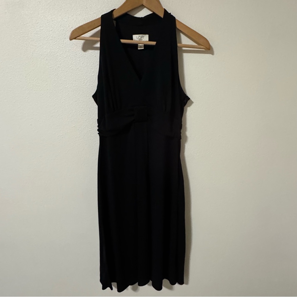 Loft Sleeveless Cocktail Dress Black Stretch Rayon V Neck Midi Side Zipper-8P